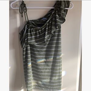 Green and White Striped One Ruffle Shoulder Top